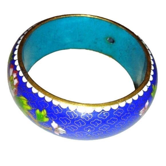 Vintage 1" Wide Chinese Peony Cloisonné Enamel Brass Bracelet Bangle Weight 90g - Picture 2 of 6